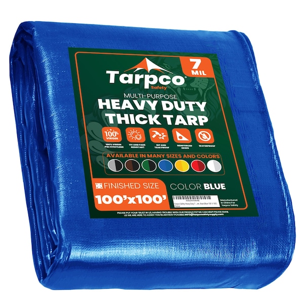 Tarpco Safety Heavy Duty Tarp, 100 ft L x 0.5 mm H x 100 ft W, 7 Mil, Blue, Polyethylene TS-205-100X100 - main